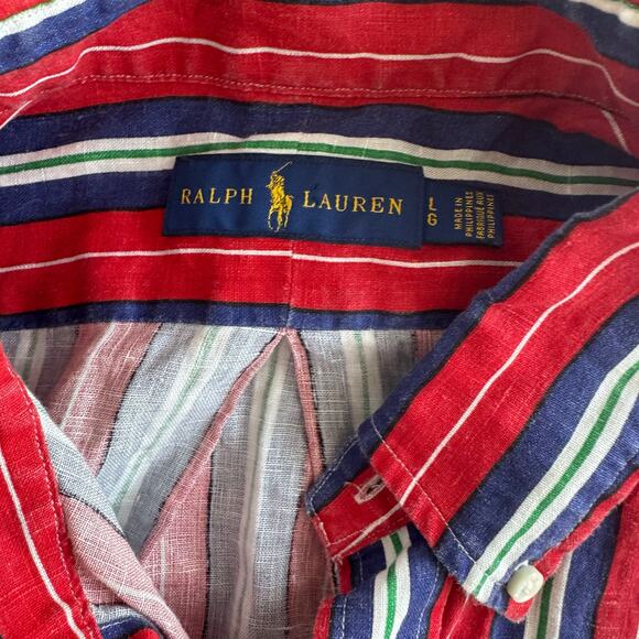 Vintage Polo Ralph Lauren Linen Button Down Men’s Collared Shirt‎ Stripe Large - Picture 2 of 8